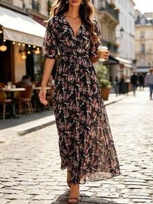 EMERY ROSE New Deep V-Neck Elegant Waist Cinched Chiffon Ditsy Floral Dress, Spring/Summer - Black - View 6