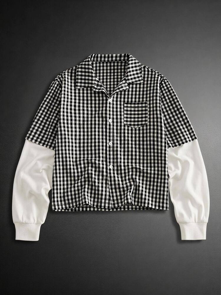 HIMLAND Men's Plaid Patchwork Turndown Collar Single-Breasted Casual Preppy Long Sleeve Shirt Off Campus School Black Gingham Autumn - Black - View 10