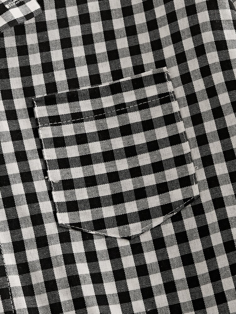HIMLAND Men's Plaid Patchwork Turndown Collar Single-Breasted Casual Preppy Long Sleeve Shirt Off Campus School Black Gingham Autumn - Black - View 4