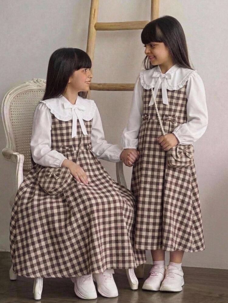 SHEIN Tween Girls Dresses Spring Autumn Winter Woven Plaid White Cute Peter Pan Collar Ruffle Bow Decor Patchwork Mid-Length Khaki Dress - Khaki - View 3