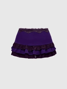 ROMWE Grunge Punk Women Spring Summer Low-Waist Lace Trim Layered Ruffle Tie-Up Asymmetric Ruched Purple Mini Skirt - Purple - View 2