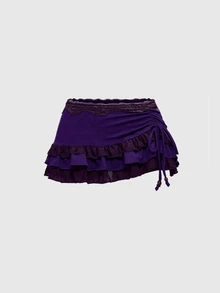 ROMWE Grunge Punk Women Spring Summer Low-Waist Lace Trim Layered Ruffle Tie-Up Asymmetric Ruched Purple Mini Skirt - Purple - View 4