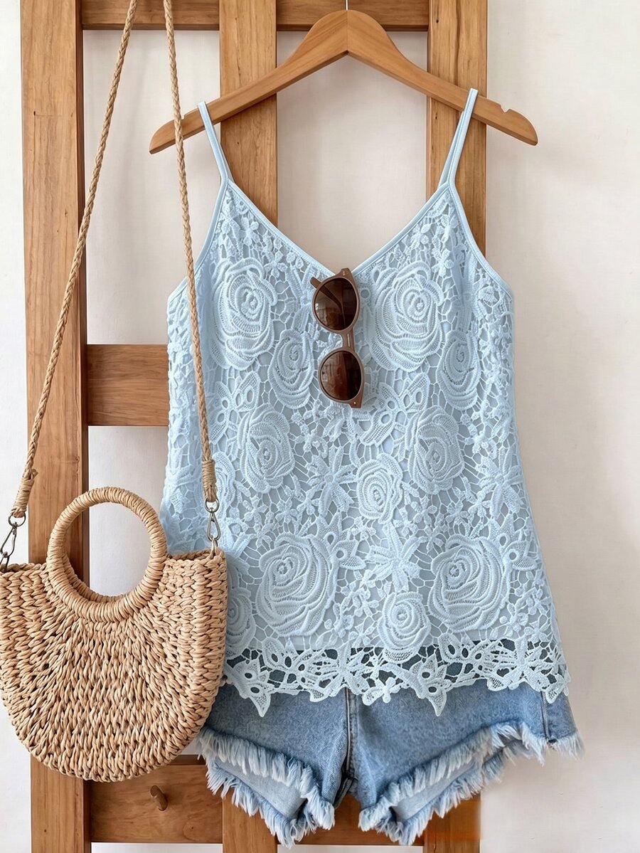 SHEIN LUNE Women's Solid Color Lace Patchwork Casual Sleeveless Tank Top For Summer - Baby Blue - View 1