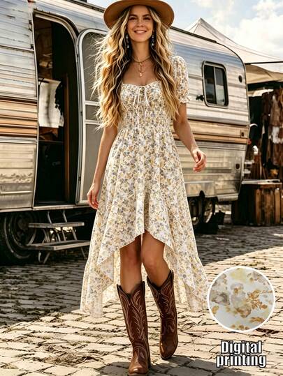 SHEIN Printed Shirred Bust High-Low Asymmetrical Hem Long Dress For Women Vacation