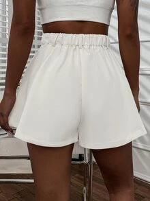 EMERY ROSE Casual Solid Color Cuffed Slanted Pocket Shorts, Summer - White - View 2