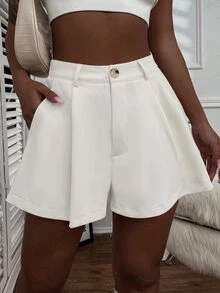 EMERY ROSE Casual Solid Color Cuffed Slanted Pocket Shorts, Summer - White - View 7