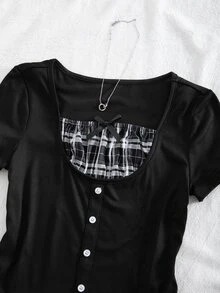 SHEIN Sparklyn 1pc Elegant Y2K Style Short Sleeve Knit Top, Suitable For Teen Girl, Decorated With Button Details On Front - Black - View 5
