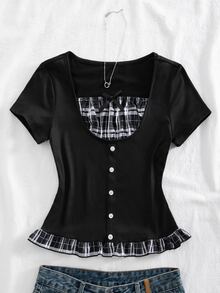 SHEIN Sparklyn 1pc Elegant Y2K Style Short Sleeve Knit Top, Suitable For Teen Girl, Decorated With Button Details On Front - Black - View 4