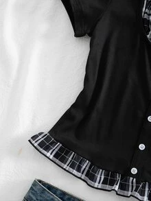 SHEIN Sparklyn 1pc Elegant Y2K Style Short Sleeve Knit Top, Suitable For Teen Girl, Decorated With Button Details On Front - Black - View 6
