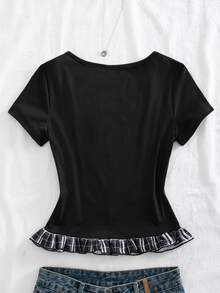 SHEIN Sparklyn 1pc Elegant Y2K Style Short Sleeve Knit Top, Suitable For Teen Girl, Decorated With Button Details On Front - Black - View 3