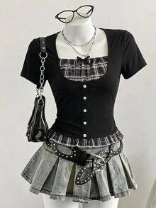 SHEIN Sparklyn 1pc Elegant Y2K Style Short Sleeve Knit Top, Suitable For Teen Girl, Decorated With Button Details On Front - Black - View 1