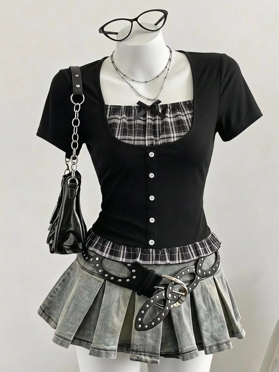 SHEIN Sparklyn 1pc Elegant Y2K Style Short Sleeve Knit Top, Suitable For Teen Girl, Decorated With Button Details On Front - Black - View 1