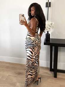 BamGleam Summer Fashion Sexy Zebra Print Fuzzy Patchwork Side Slit Spaghetti Strap Dress - Multicolor - View 3