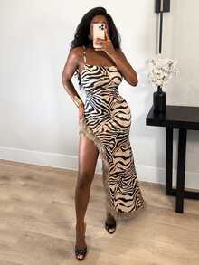 BamGleam Summer Fashion Sexy Zebra Print Fuzzy Patchwork Side Slit Spaghetti Strap Dress - Multicolor - View 7