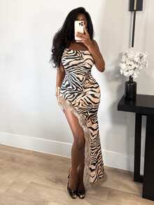 BamGleam Summer Fashion Sexy Zebra Print Fuzzy Patchwork Side Slit Spaghetti Strap Dress - Multicolor - View 2
