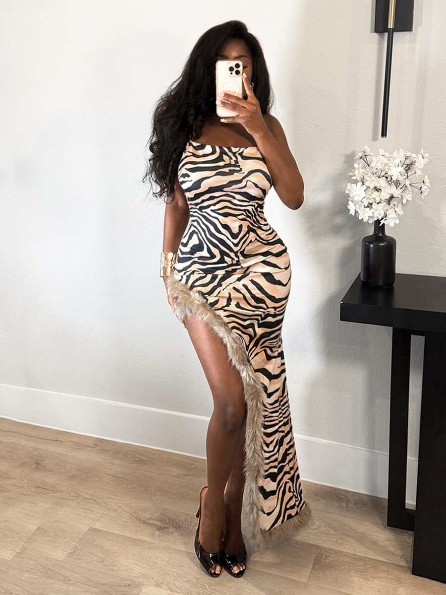 BamGleam Summer Fashion Sexy Zebra Print Fuzzy Patchwork Side Slit Spaghetti Strap Dress