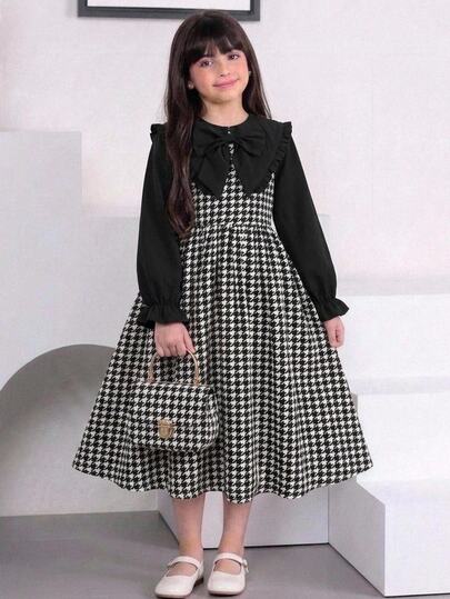 SHEIN Tween Girkids Long Sleeve Colorblock Cinched Waist Bow Exaggerated Large White Ruffle Collar Long Plaid Dress Autumn/Winter