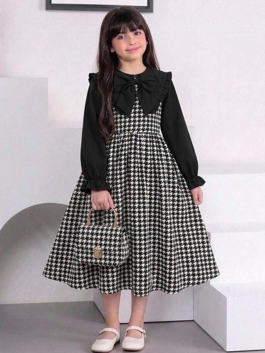 SHEIN Tween Girkids Long Sleeve Colorblock Cinched Waist Bow Exaggerated Large White Ruffle Collar Long Plaid Dress Autumn/Winter - Black - View 1