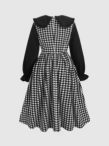 SHEIN Tween Girkids Long Sleeve Colorblock Cinched Waist Bow Exaggerated Large White Ruffle Collar Long Plaid Dress Autumn/Winter - Black - View 5