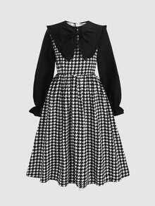 SHEIN Tween Girkids Long Sleeve Colorblock Cinched Waist Bow Exaggerated Large White Ruffle Collar Long Plaid Dress Autumn/Winter - Black - View 4
