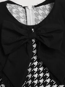 SHEIN Tween Girkids Long Sleeve Colorblock Cinched Waist Bow Exaggerated Large White Ruffle Collar Long Plaid Dress Autumn/Winter - Black - View 2