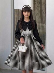 SHEIN Tween Girkids Long Sleeve Colorblock Cinched Waist Bow Exaggerated Large White Ruffle Collar Long Plaid Dress Autumn/Winter - Black - View 6