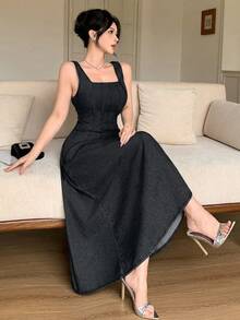 DAZY 春夏休閒收腰喇叭下擺背心洋裝 女款牛仔洋裝 - 黑色 - 查看 6