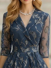 EMERY ROSE 优雅树叶图案长款正式连衣裙，适合春秋季婚礼宾客，蓝色茶歇裙，女士优雅连衣裙，蓝色优雅连衣裙，蓝色碎花连衣裙 - 彩色 - 查看 4