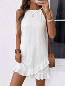 SHEIN Vacation Casual Solid Color Halter Neck Ruffle Hem Dress - White - View 7