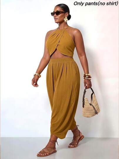 Zivah New Summer/Fall Plus Size Women's Mustard Yellow Elastic Waist Pleated Versatile Long Pants/Elegant/Holiday/Festival/Vacation/Boho/Commute/Concert/