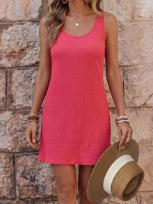 EMERY ROSE Women's Solid Color Scoop Neck Sleeveless Casual Summer Dress - Red - View 3