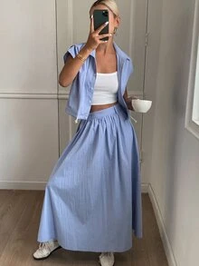 DAZY 2pcs Solid Color Cropped Shirt & Skirt Set For Women Lounge Sets For Women - Blue - View 2