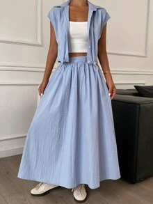 DAZY 2pcs Solid Color Cropped Shirt & Skirt Set For Women Lounge Sets For Women - Blue - View 4