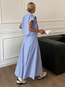 DAZY 2pcs Solid Color Cropped Shirt & Skirt Set For Women Lounge Sets For Women - Blue - View 6
