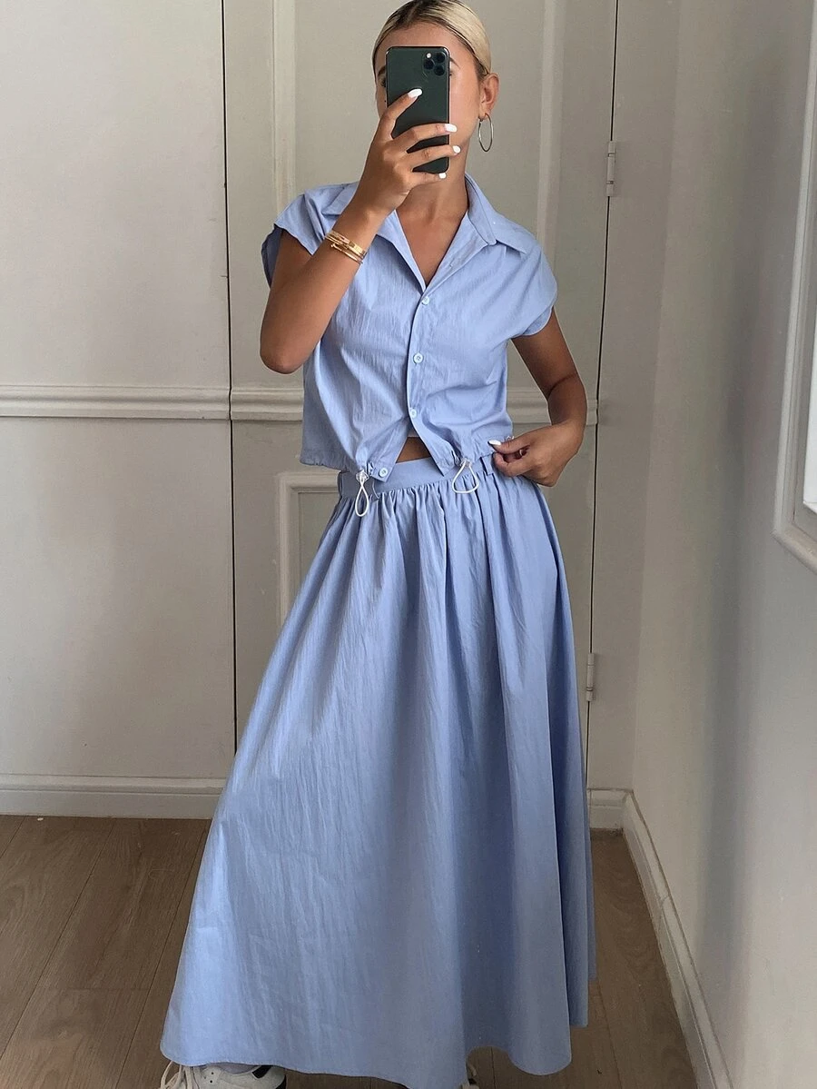 DAZY 2pcs Solid Color Cropped Shirt & Skirt Set For Women Lounge Sets For Women - Blue - View 1