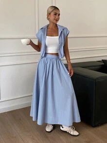 DAZY 2pcs Solid Color Cropped Shirt & Skirt Set For Women Lounge Sets For Women - Blue - View 5