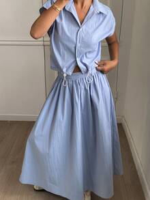 DAZY 2pcs Solid Color Cropped Shirt & Skirt Set For Women Lounge Sets For Women - Blue - View 3