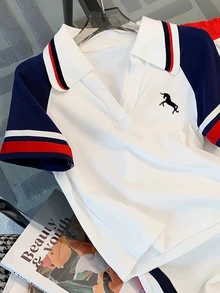 Resyla 女款時尚休閒運動街頭風學院風白色 Polo 衫短袖上衣 + 對比色寬鬆寬腿長褲，適合日常旅行夏季穿搭 - 白色 - 查看 3