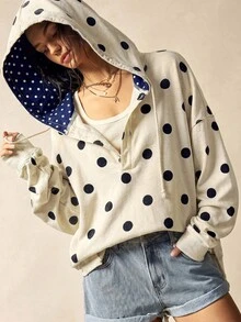 Bohemela Plus Size Polka Dot Print Button Half-Zip Hooded Sweatshirt Fall - Apricot - View 7