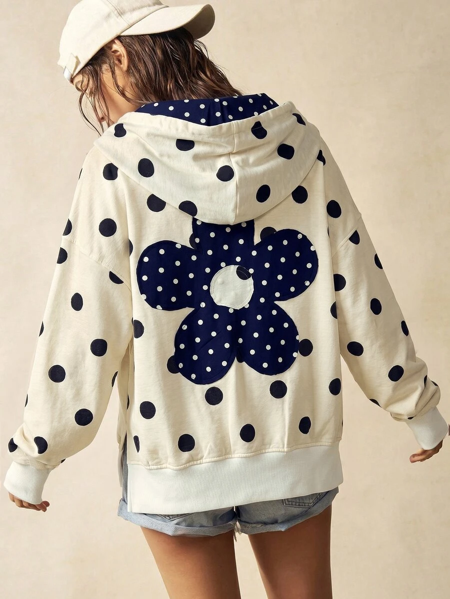 Bohemela Plus Size Polka Dot Print Button Half-Zip Hooded Sweatshirt Fall - Apricot - View 1