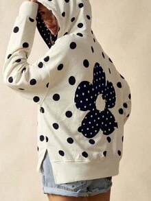 Bohemela Plus Size Polka Dot Print Button Half-Zip Hooded Sweatshirt Fall - Apricot - View 10