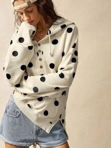 Bohemela Plus Size Polka Dot Print Button Half-Zip Hooded Sweatshirt Fall - Apricot - View 6