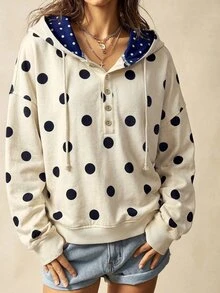 Bohemela Plus Size Polka Dot Print Button Half-Zip Hooded Sweatshirt Fall - Apricot - View 5