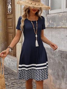 EMERY ROSE Women's Navy Blue And White,Summer,Casual,Beach Vacation,Holiday,Holiday Short Sleeve Round Neck Dress With Printed Hem,Elegant Minimalist Work Style - Multicolor - View 6