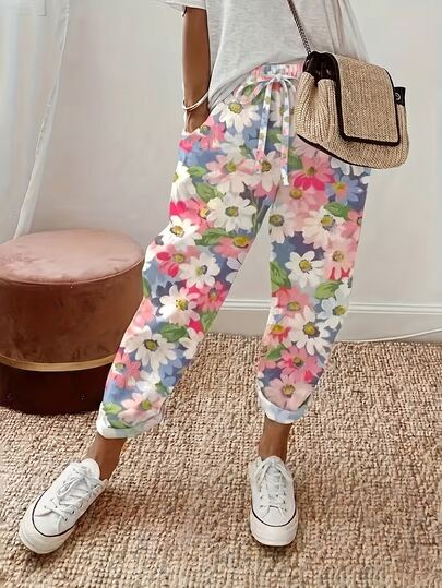 EMERY ROSE Women's Summer Floral Print Casual Pants, Boho Vacation Holiday Style Tie Front Trousers With Pockets, Fashionable Beach Garden