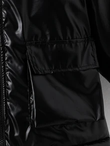 SHEIN 小男孩黑色亮面連帽填充夾克，休閒保暖抓絨內裡厚外套，附口袋，戶外街頭紳士風，秋冬款 - 黑色 - 查看 8