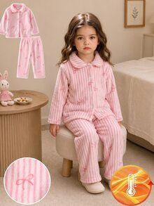 2pcs Baby Girl Soft Fluffy Pink Fleece Striped Bow & Heart Pattern Lapel Front Closure Long Sleeve Pants Pajama Set - Pink - View 6