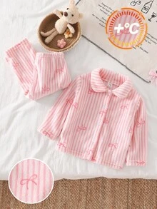 2pcs Baby Girl Soft Fluffy Pink Fleece Striped Bow & Heart Pattern Lapel Front Closure Long Sleeve Pants Pajama Set - Pink - View 7