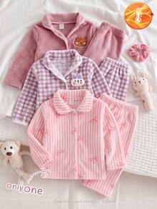 2pcs Baby Girl Soft Fluffy Pink Fleece Striped Bow & Heart Pattern Lapel Front Closure Long Sleeve Pants Pajama Set - Pink - View 1