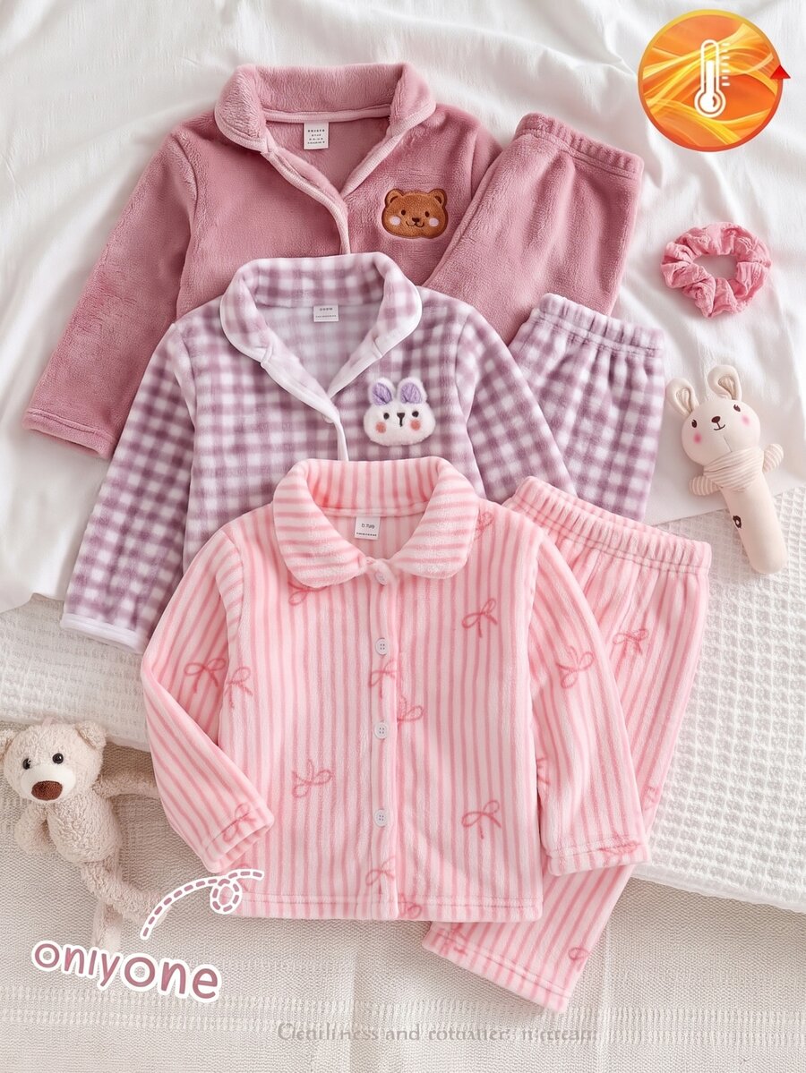2pcs Baby Girl Soft Fluffy Pink Fleece Striped Bow & Heart Pattern Lapel Front Closure Long Sleeve Pants Pajama Set - Pink - View 1